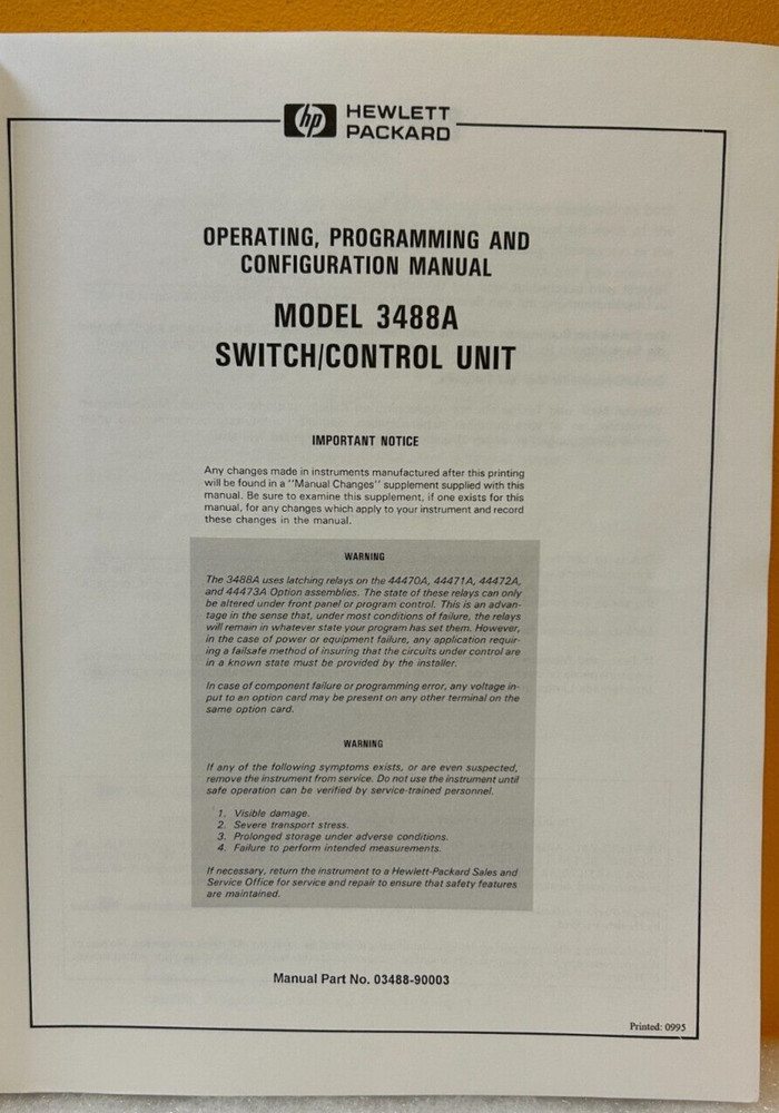 HP / Agilent 03488-90003 3488A Switch/Control Unit Oper. & Configuration Manual.