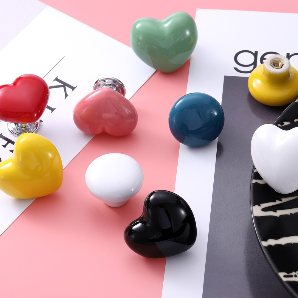 2 Packs Heart-Shaped Ceramic Drawer Knobs White/Silver Dresser Pulls Handles