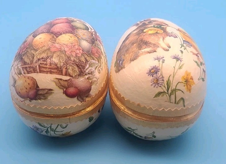 2 Hand Painted Decoupage Paper Mache Easter Egg Container Boxes Victorian Style