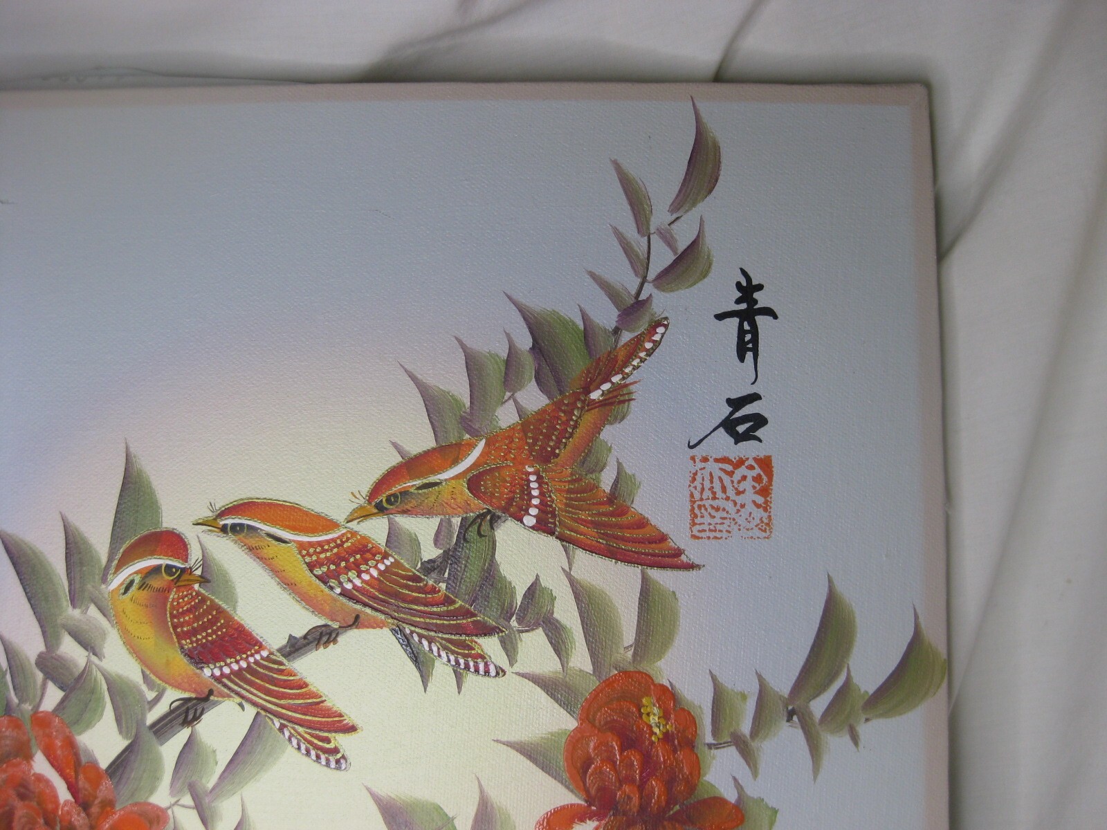 vintage Asian painting Chinese ? birds with flowers 20" x 24" original art *NOTE