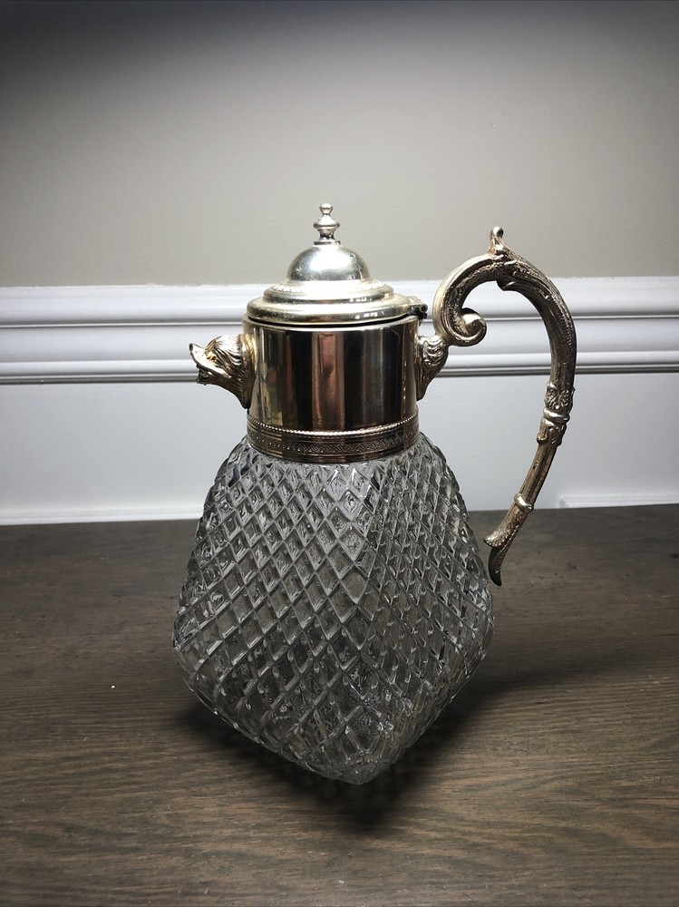 Stunning Vtg Lion Head Spout Diamond Crystal Pitcher