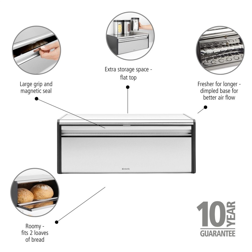 Brabantia Rectangular Fall Front Bread Box | Matt Steel | Large Metal Front O...