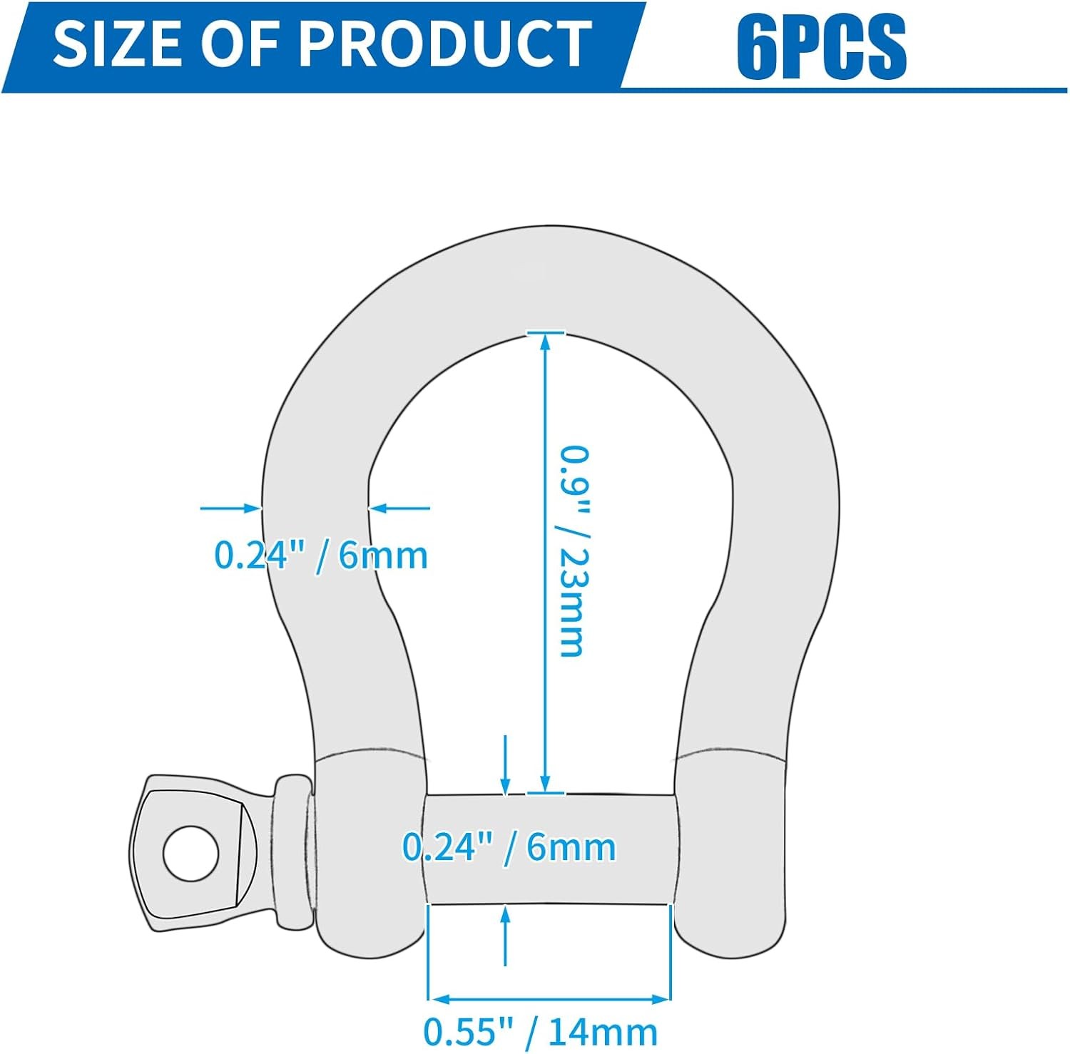 6 Pcs 1/4 D Ring Anchor Shackles, Stainless Steel Clevis Shackle, Marine Boat