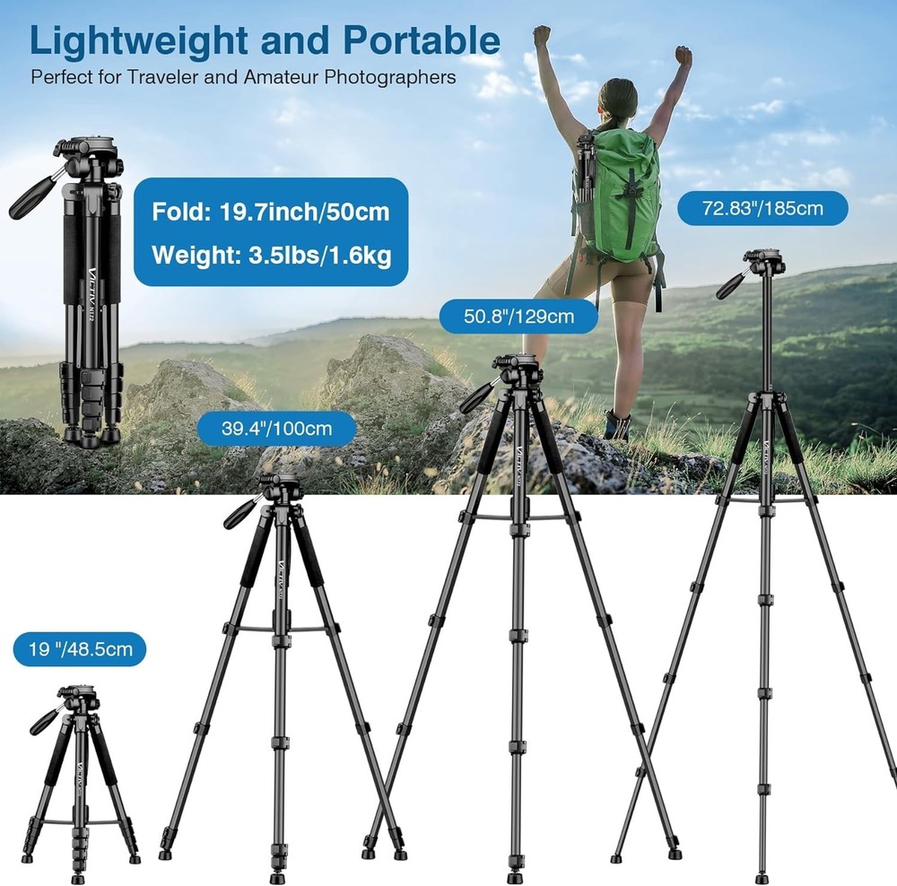 Lightweight Camera Tripod Stand, 72" Tall, Remote, Compact