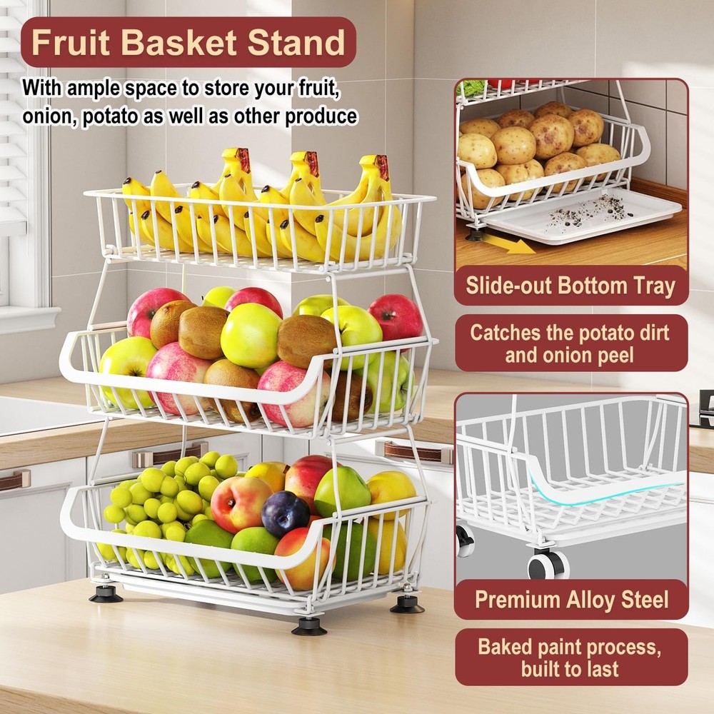 3Tier Rolling Pantry Cart w/Wheels Stackable Wire Storage Organizer White