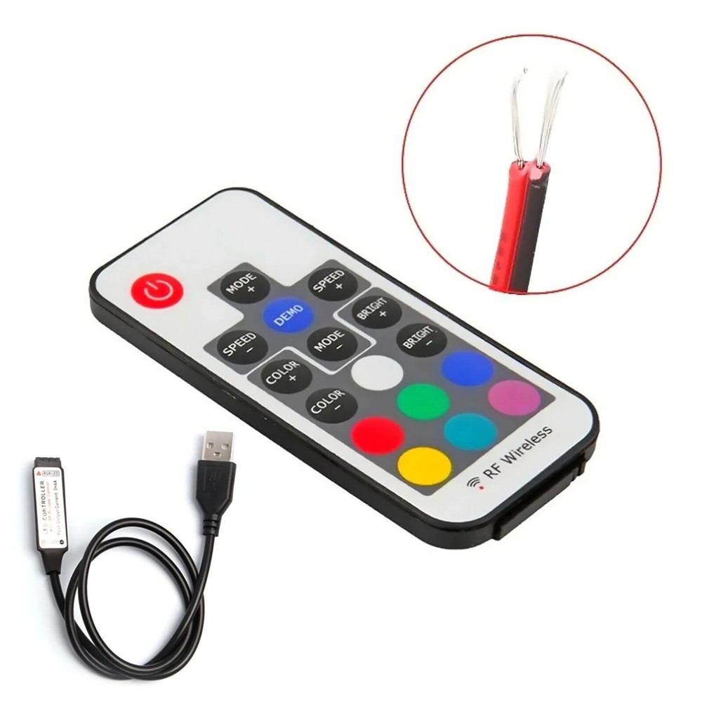 Wireless RGB LED Strip Remote Controller 17 Keys RF USB Powered, 5V-24V DC