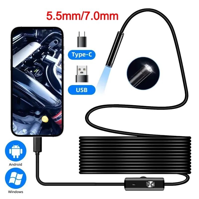 7mm HD Snake Endoscope Borescope Inspection Camera for USB Type C Android PC