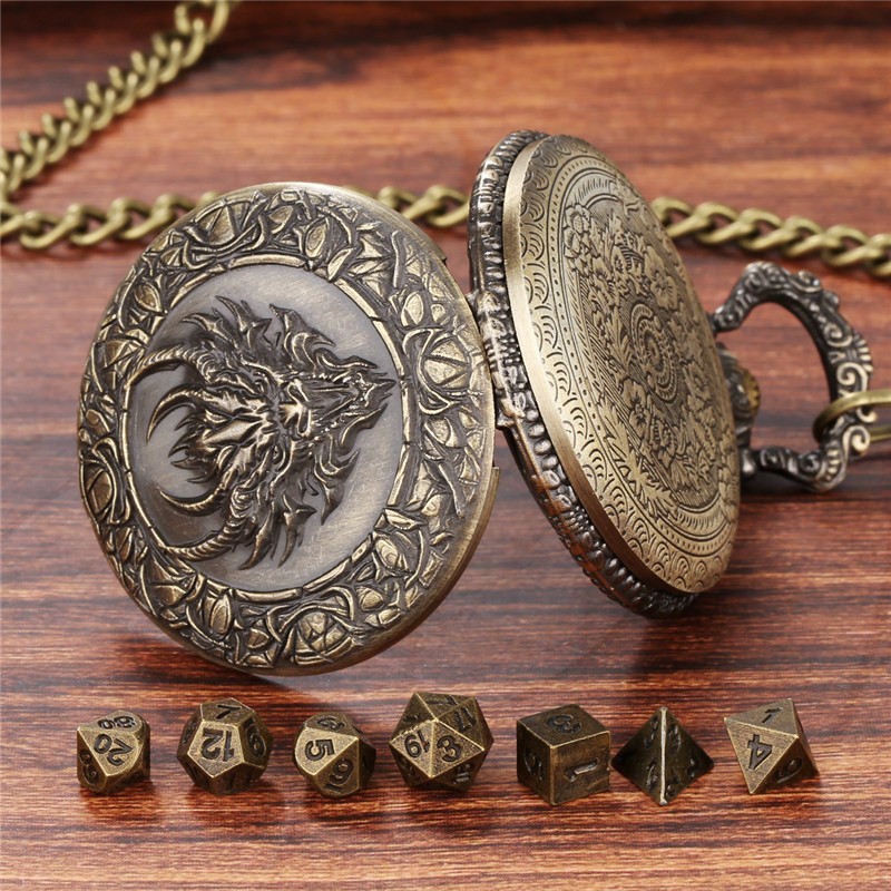 7pcs Solid Metal Polyhedral DND Dice D4-D20 in Dragon Engraved Pocket Watch Case