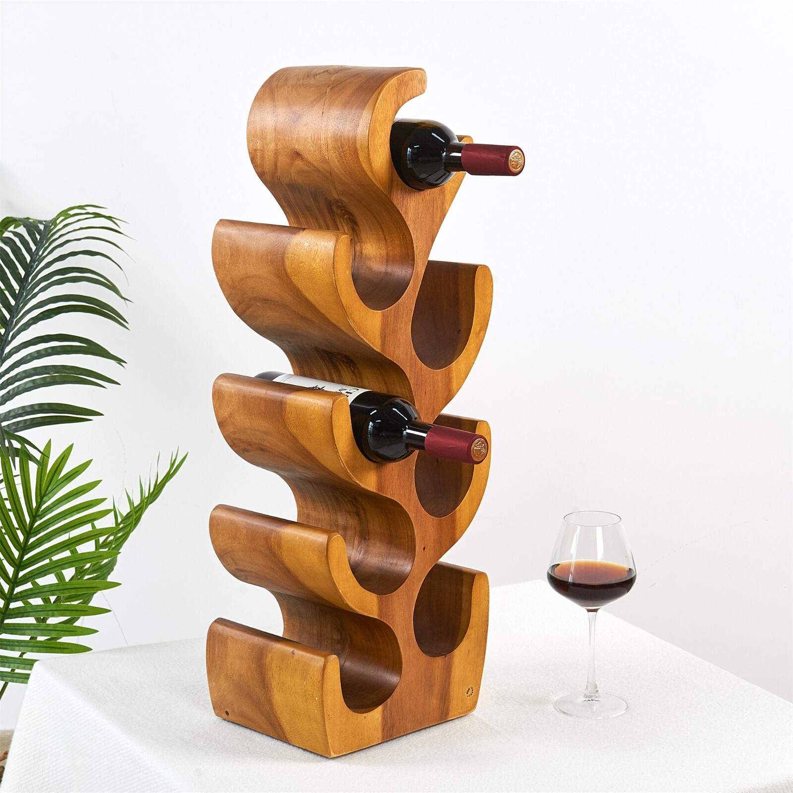 Hand-Carved Suar Wood Tree Shaped Wine Rack Bottle Holder Brown for 6/8/12
