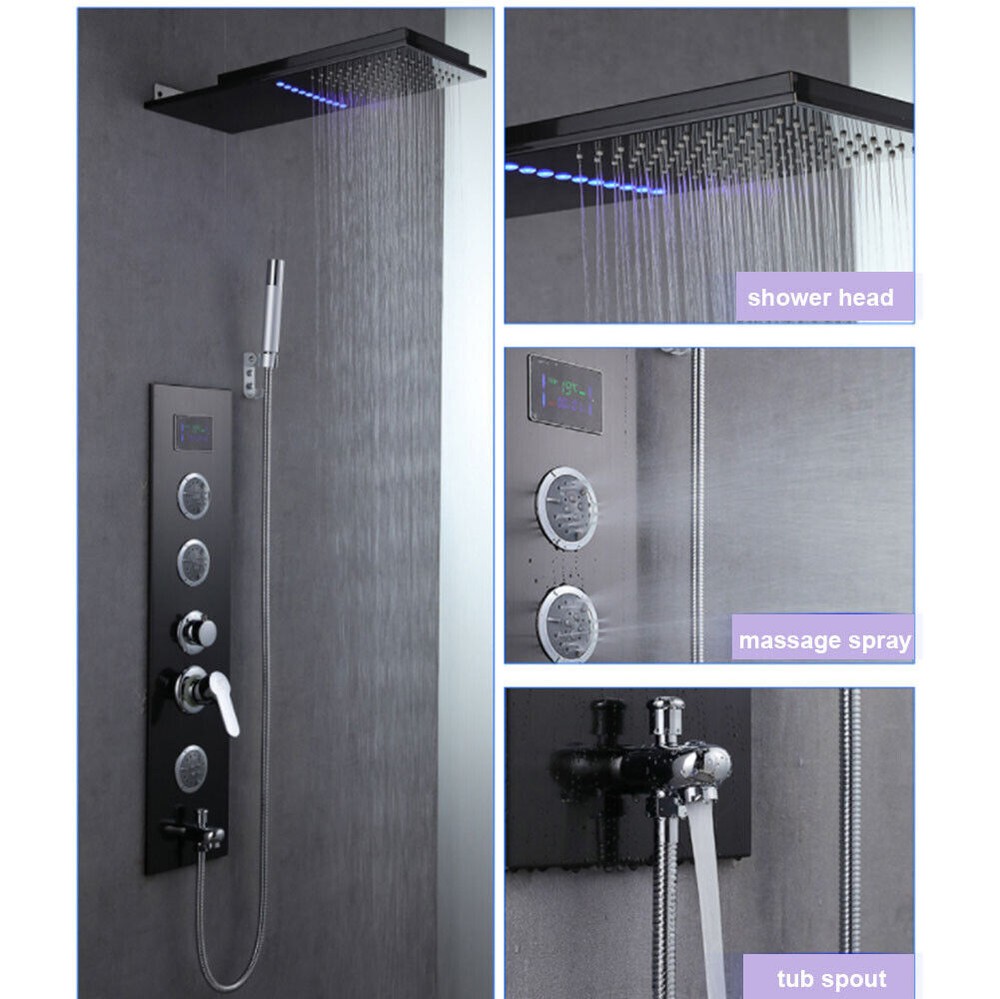 Black/Chrome LED Rectangle Shower Head Massage Digital Display Mixer Valve Panel
