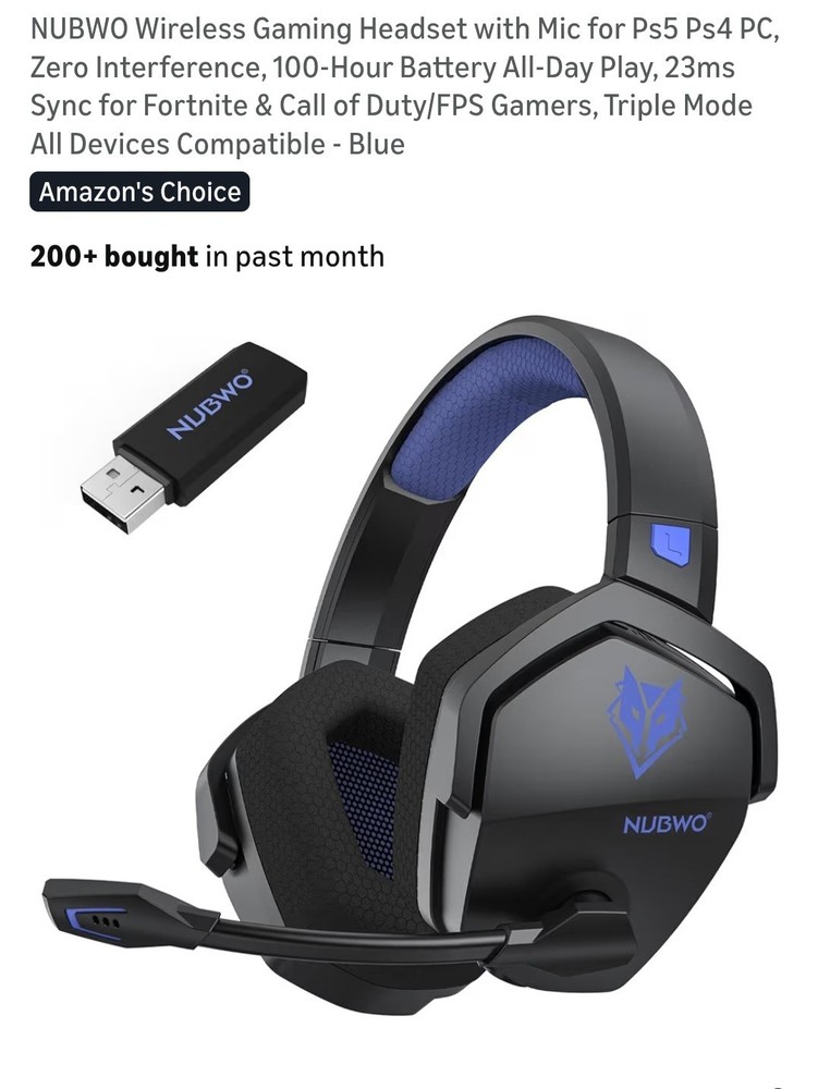 NUBWO Wireless Gaming Headset with Mic for Ps5 Ps4 PC, Zero Interference, 100-Hr
