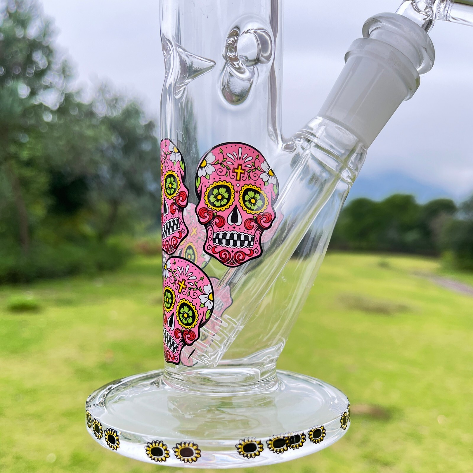 10" Glass Bong Smoking Hookah Water Pipes Pink Skull Tobacco Beaker 14mm Bowl