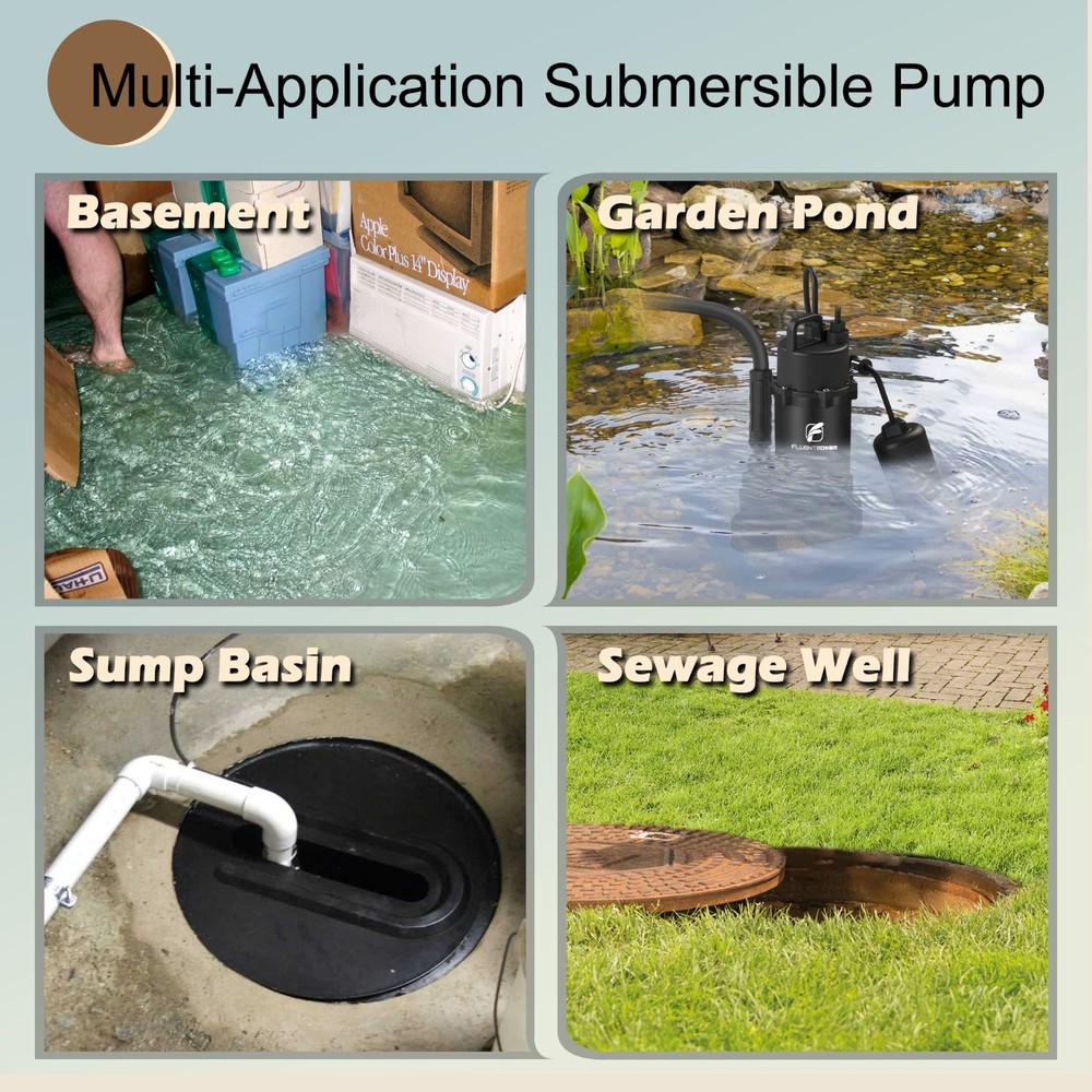 FLUENTPOWER 3/4HP Submersible Sump Pump3500GPH, Auto Integrated Float Switch