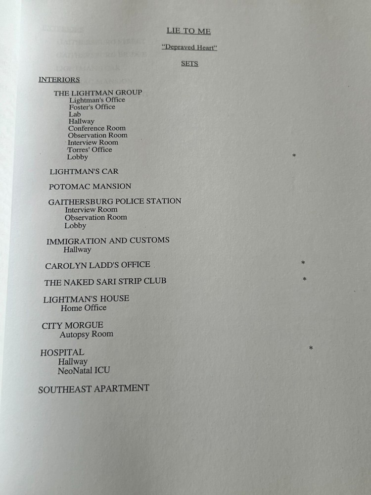 ORIGINAL SCRIPT LIE TO ME DEPRAVED HEART NETWORK DRAFT TIM ROTH WILLIAMS
