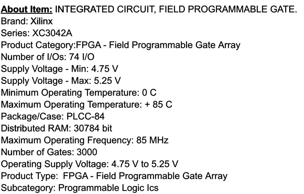 XC3042A PC84 XILINX INTEGRATED CIRCUIT FIELD PROGRAMMABLE GATE PLCC-84