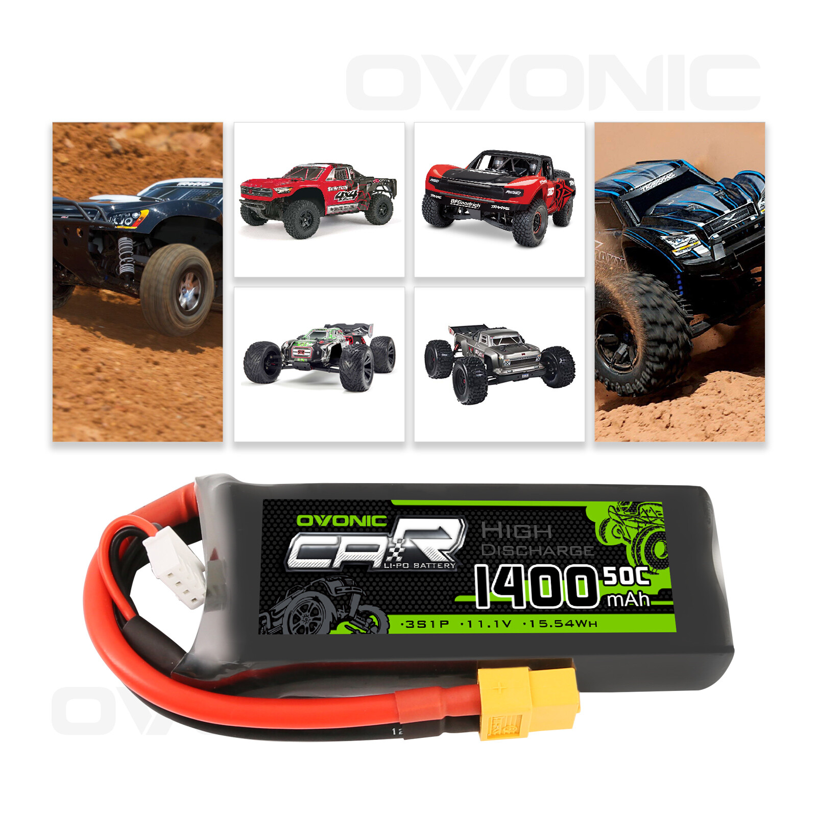 OVONIC 11.1V Lipo Battery 3S 50C 1400mAh W/ XT60+TRX for E-Revo VXL 1/16 traxxas