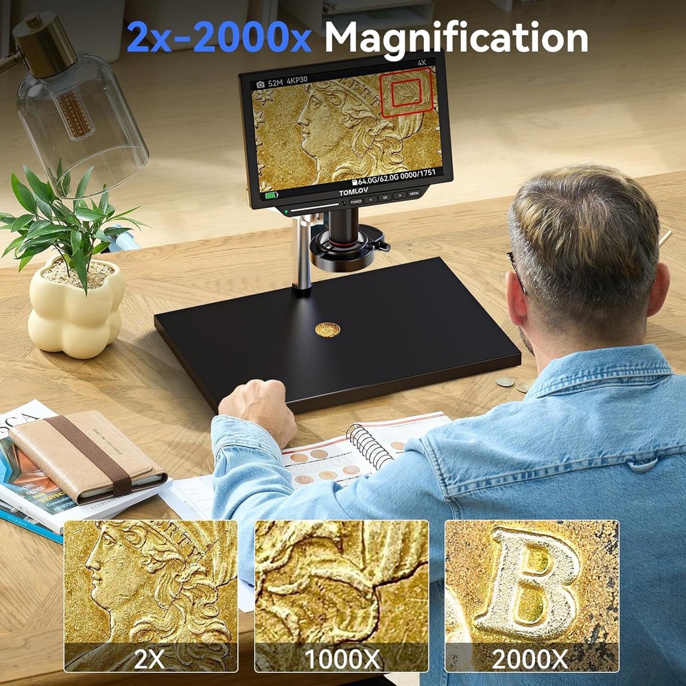 TOMLOV 4K LCD Digital Microscope 2000X Coin Microscope 10.1'' HDMI 52MP Spin Arm