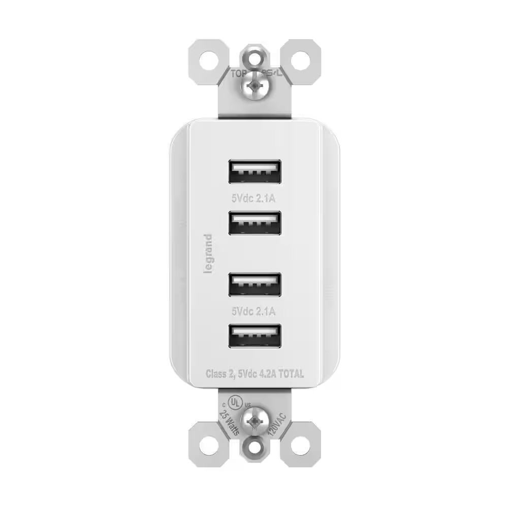 Radiant 4.2 Amp Quad USB Decorator Duplex Outlet, White