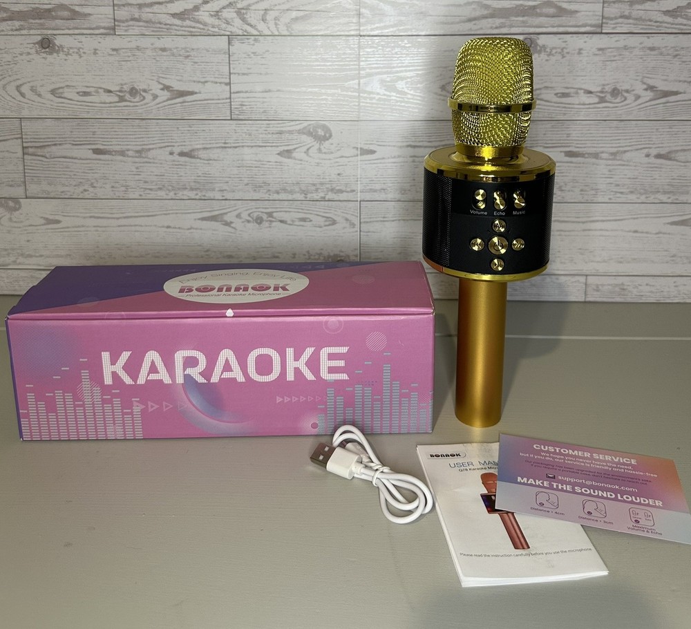 Bonaok Wireless Bluetooth Karaoke Microphone w/LED, Gold