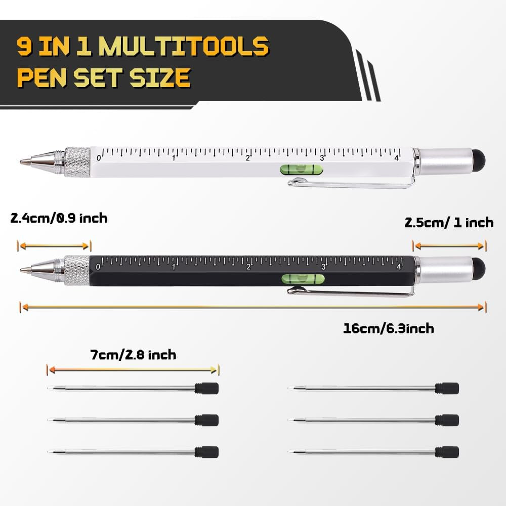 Stocking Stuffers for Men, 9 in 1 Multitool Pen 2Pcs and Refill 6Pcs, Unique Tec