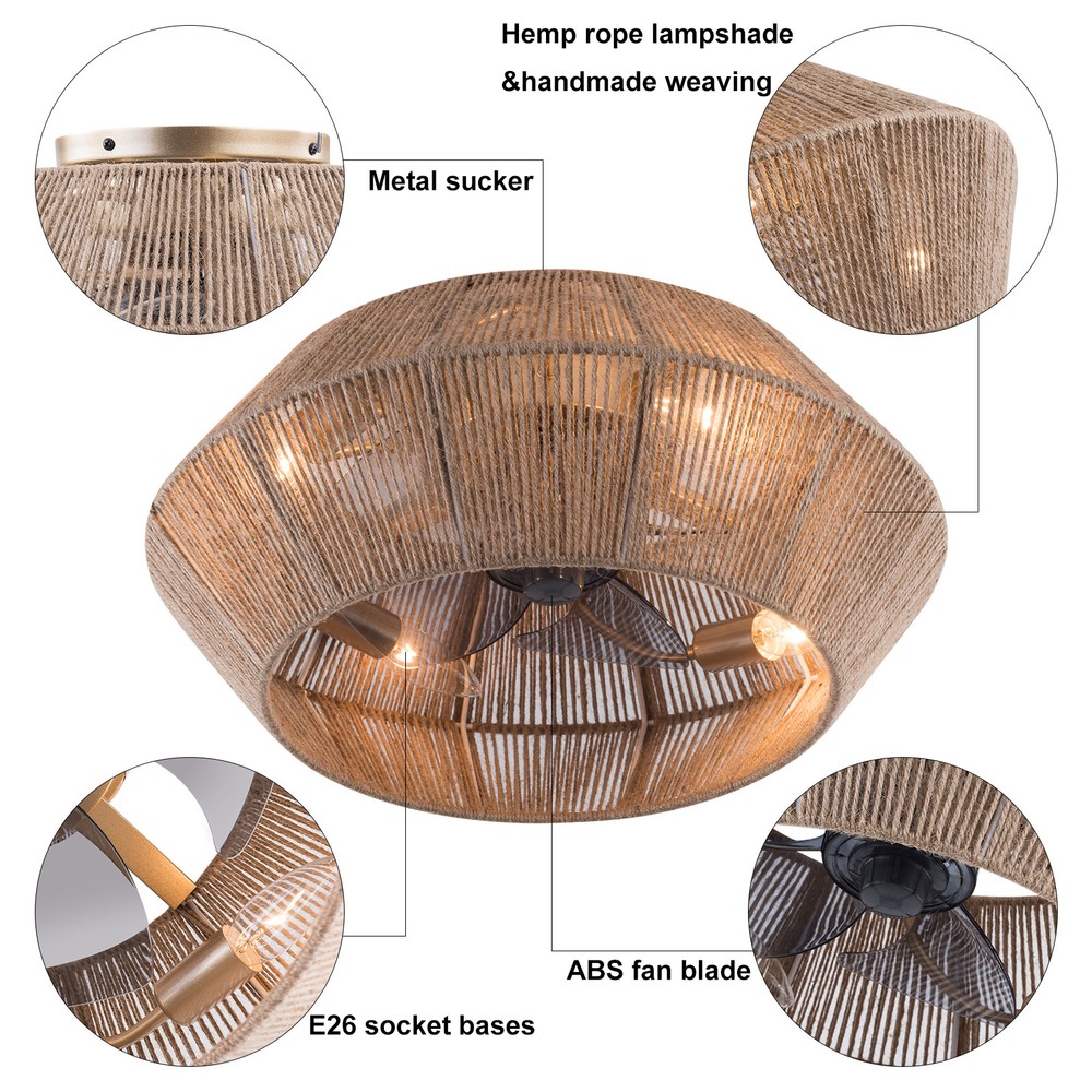 Rattan Caged Flush Mount Fan Light +Remote Control Ceiling Fan Boho Ceiling Fan