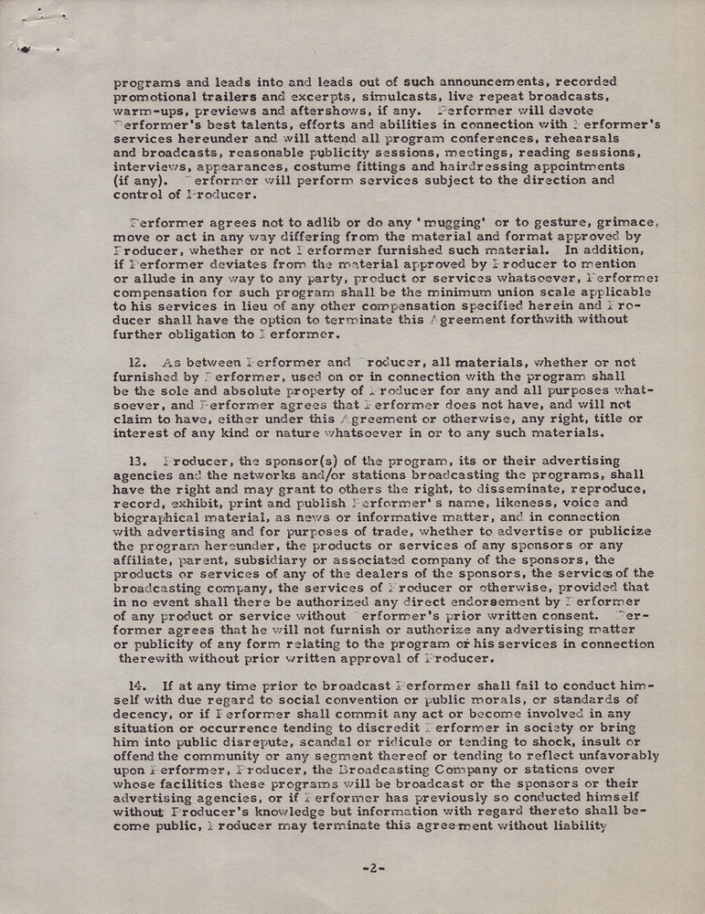 BUDDY HACKETT - CONTRACT DOUBLE SIGNED 12/13/1960