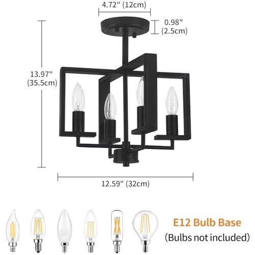 4-Light Semi Flush Ceiling Light, Modern Industrial Light 4 Light Black