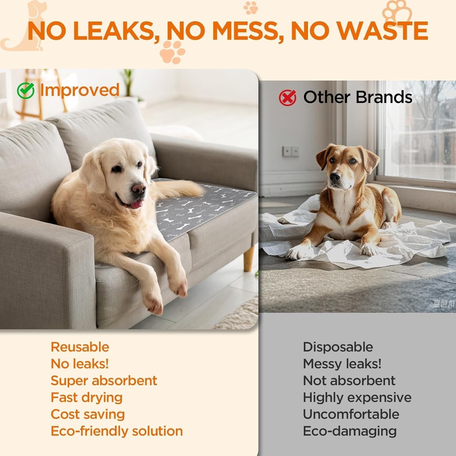 Washable Pee Pads for Dogs, 2Pack Reusable Puppy Pads, Fast Absorbent Dog Pee Pa