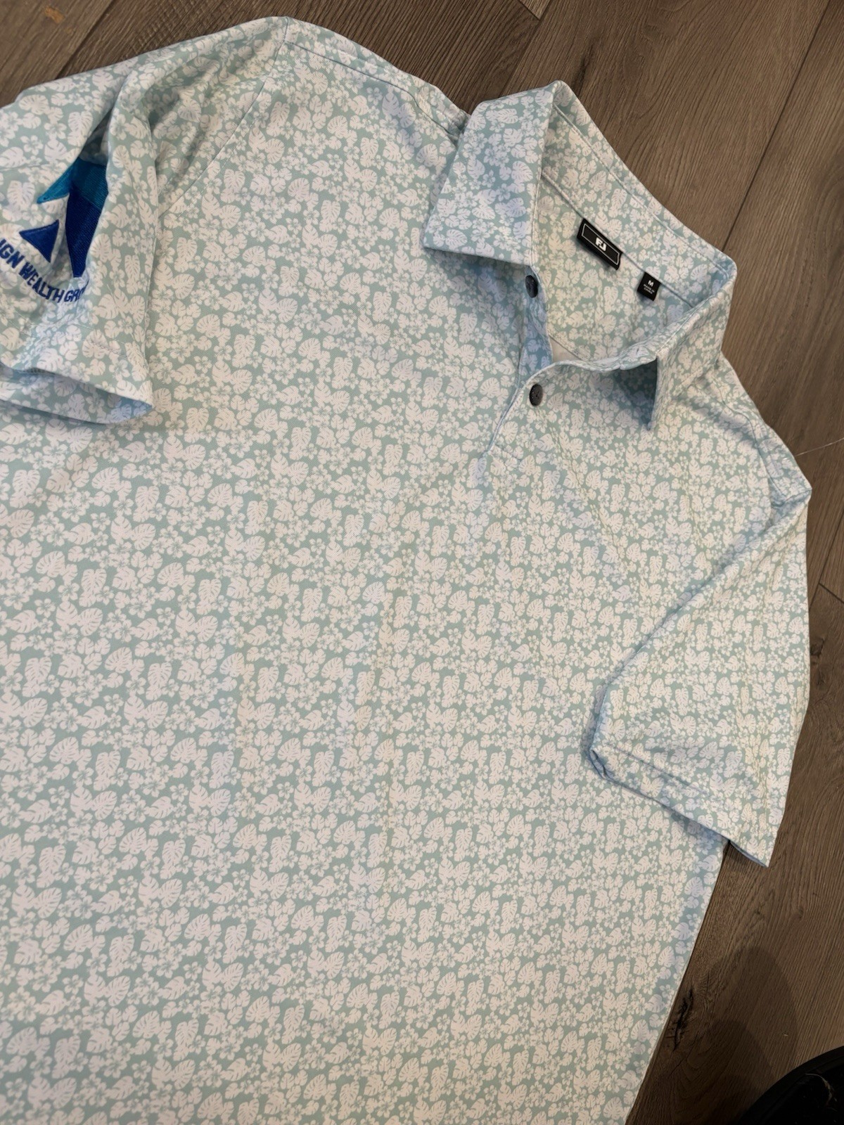 Footjoy Golf Polo Shirt Mens M White Teal Floral Print Hawaii Athletic Stretch