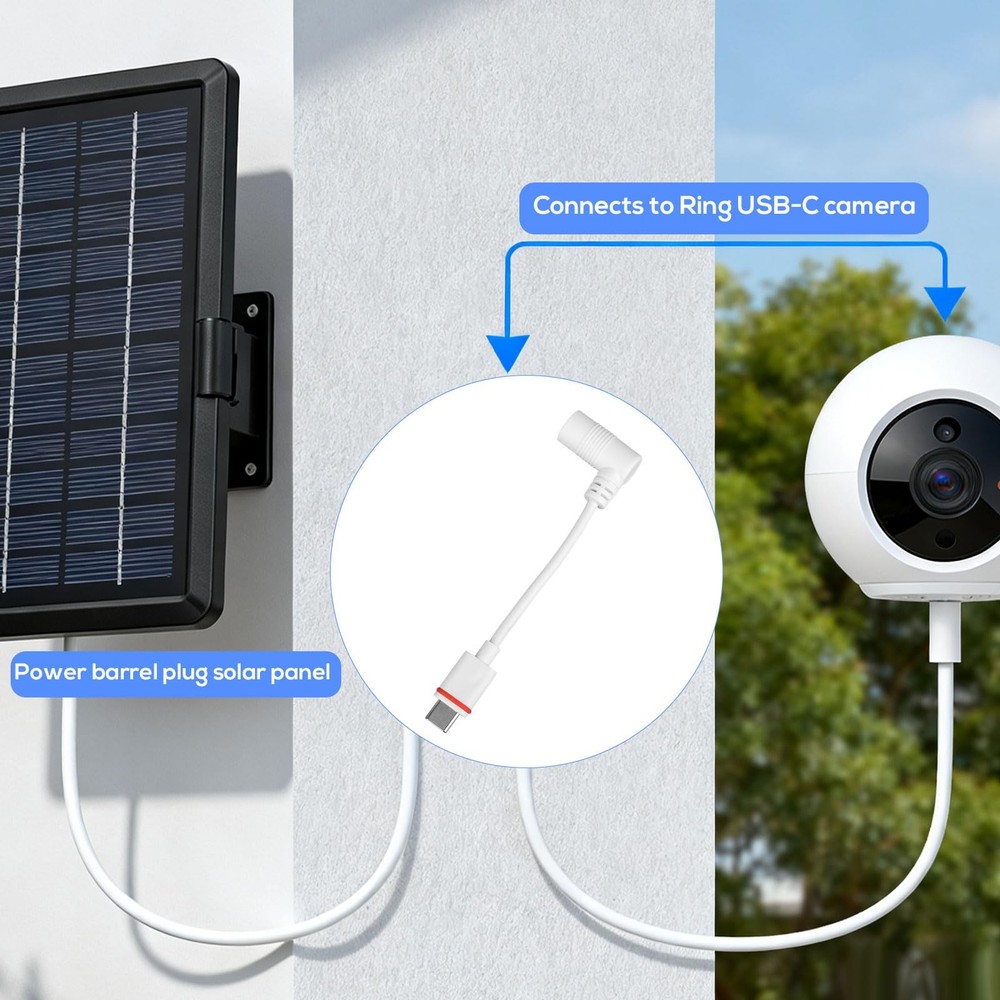 2pcs Barrel Plug to USB-C Power Adapter for Ring Solar Panel & white