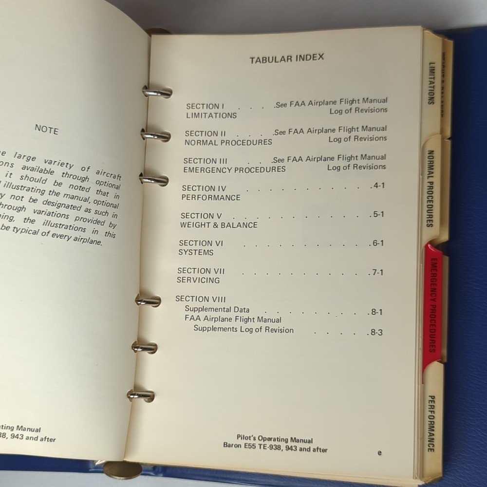 Beechcraft E55 & E55A Baron Pilot's Operating Handbook TE-938, TE-943 1973