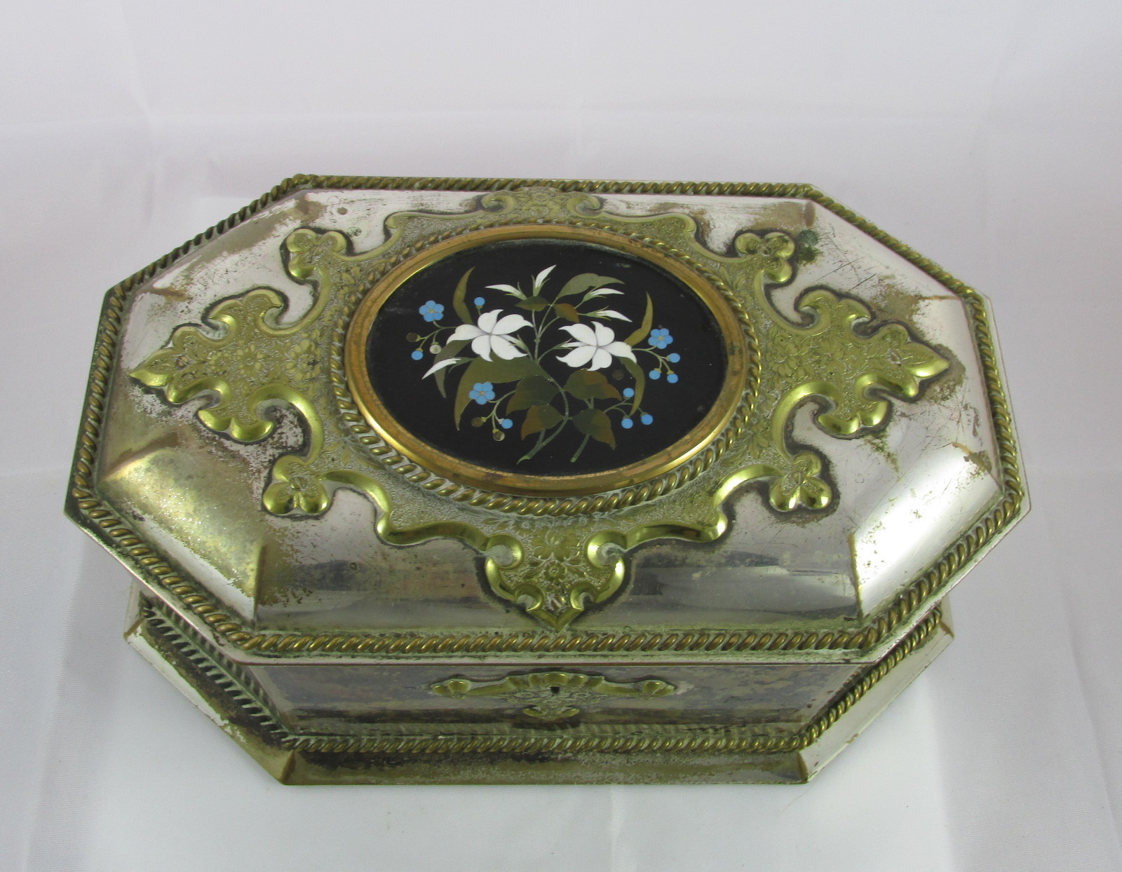 Victorian English Howell James Silver Plate Black&Green Tea Casket Pietra Dura