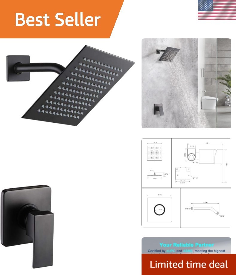 8 Inch Matte Black Shower Kit - Durable Brass Valve & Rainfall Function