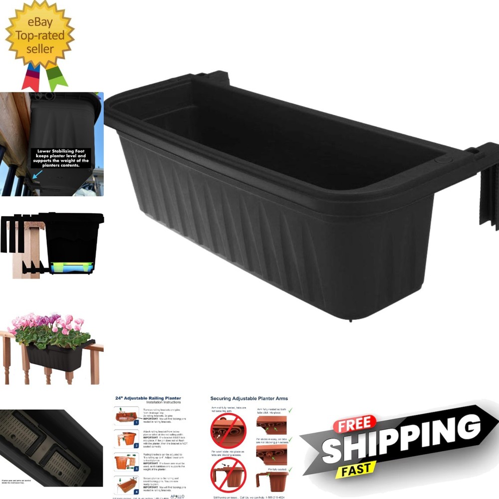 24" Adjustable Railing Planter, Black