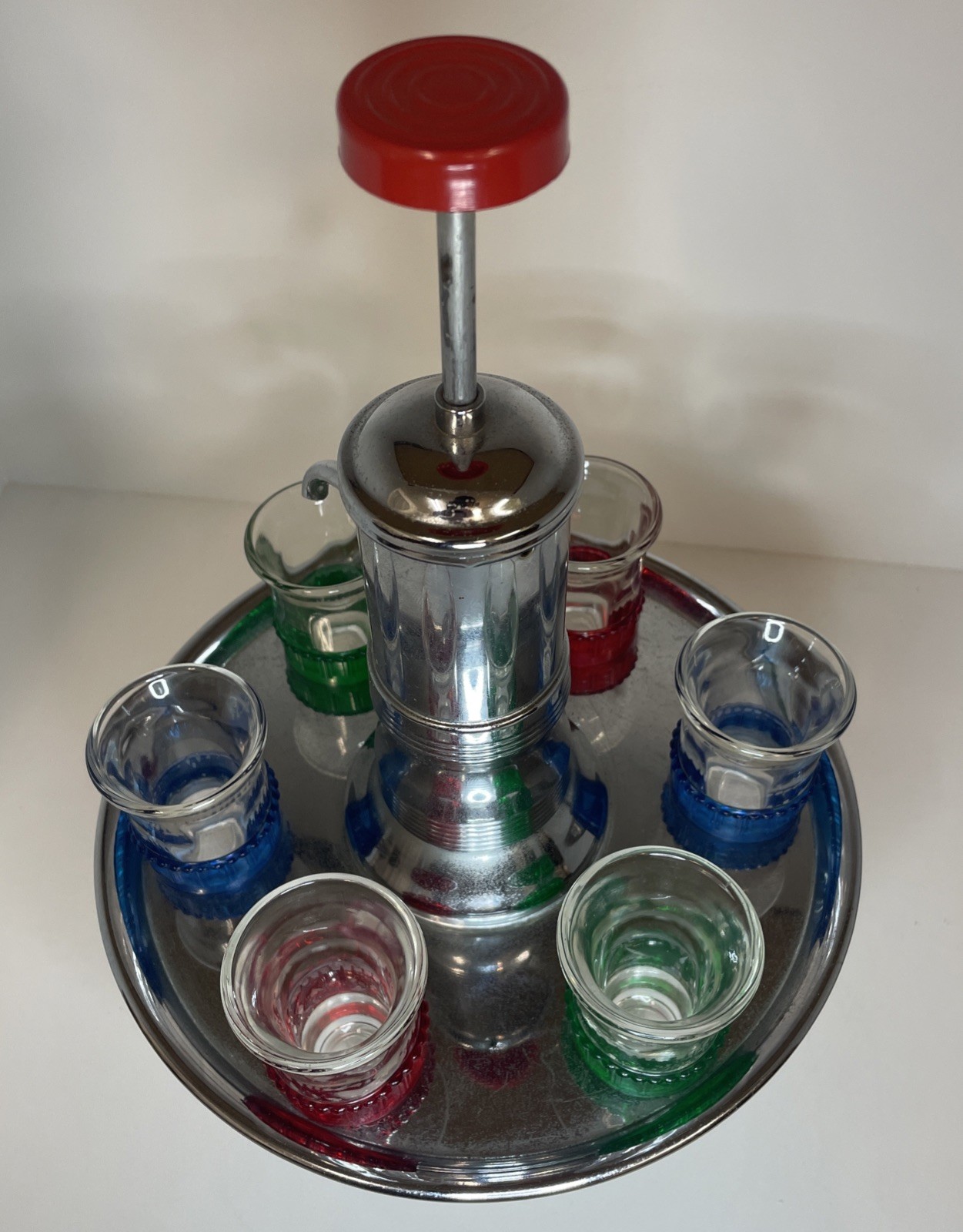 Vintage Park Sherman MCM Liquor Dispenser w/6 Shot Glasses Rotating Chrome Tray