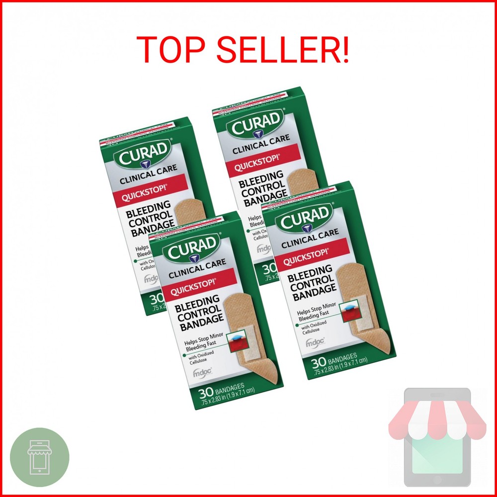 Curad QuickStop Bleeding Control Bandages, Assorted Sizes, 30 Count (Pack of 4)