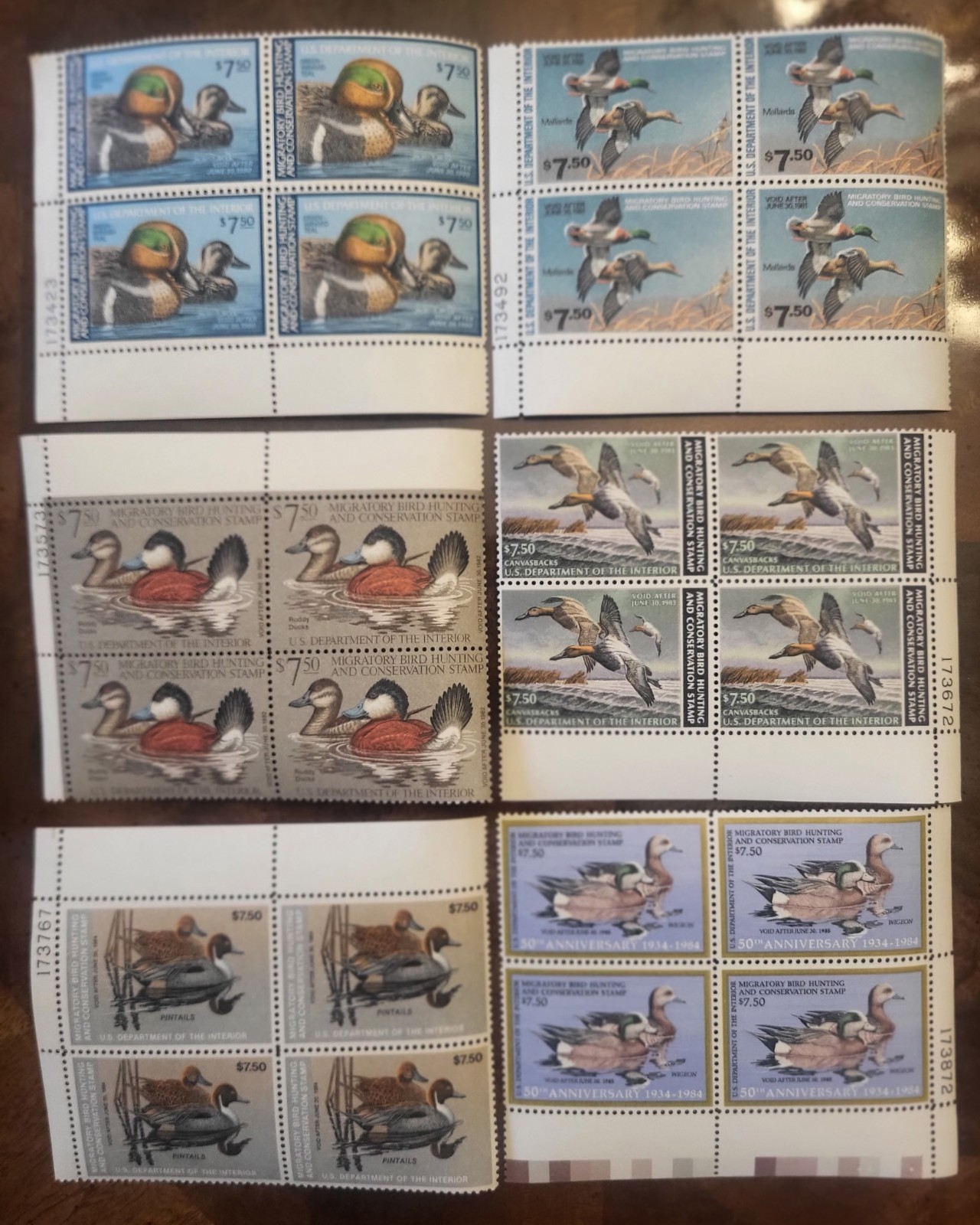 US 1979-84 FEDERAL DUCK HUNTING STAMPS $7.50 FACE EACH, FOUR PLATE  BLOCKS OF 4
