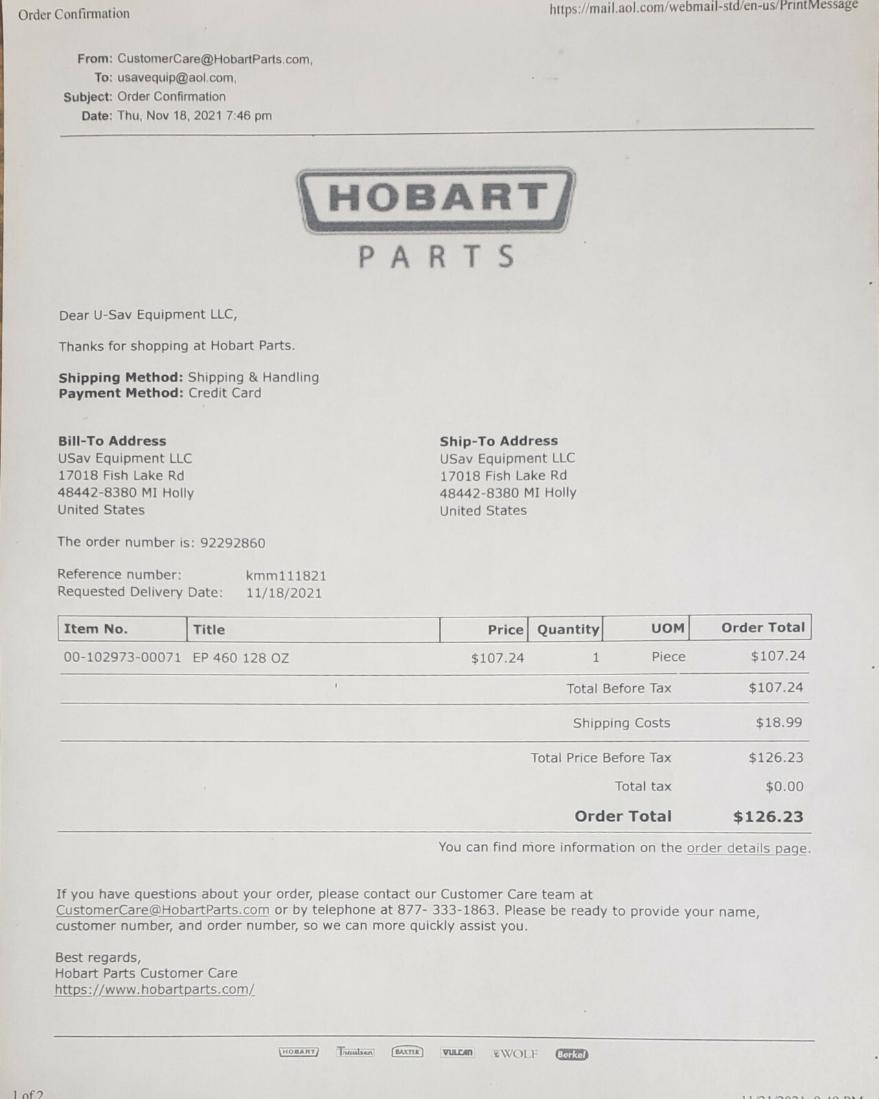 Hobart Mixer Gear Oil Ep460, H600 L800 P660 M802 V1401 OEM Number # 102973-00071