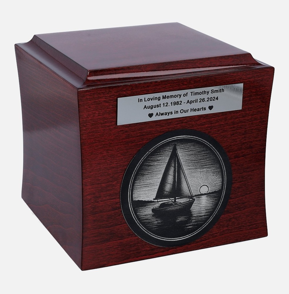 Thematic urn with engraved sailboat