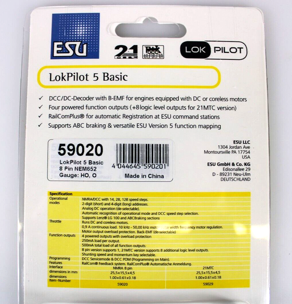 ESU 59020 LokPilot 5 Basic DCC Decoder 8 Pin Connector and Harness HO Scale