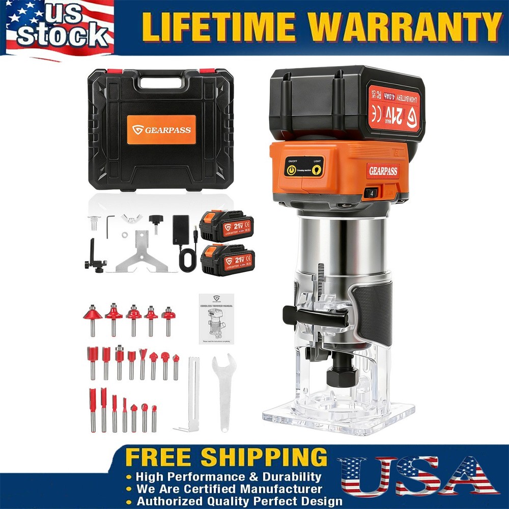 21V Cordless Multi-function Router With 20 Bits 2 Batteries Charger And Wrenches