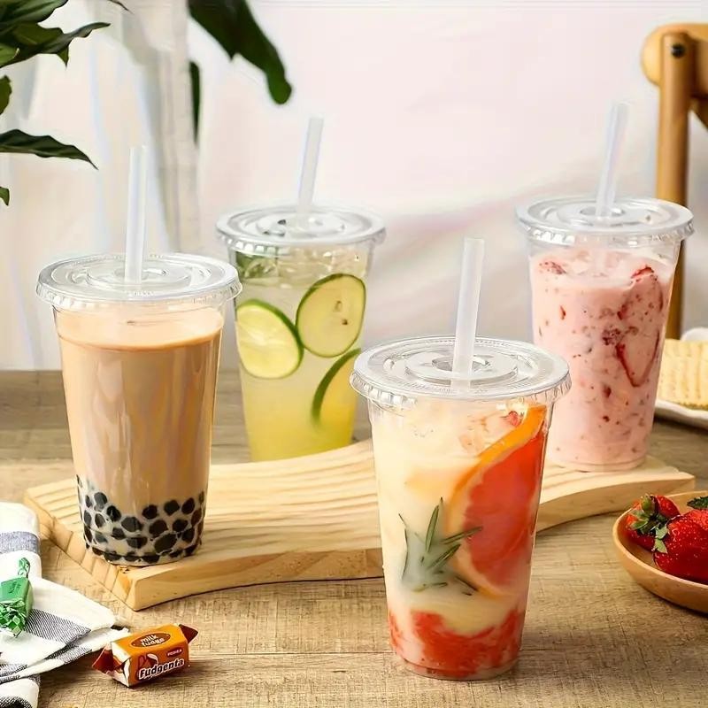 16oz Clear Plastic Cups with Flat Lids, Durable for Iced Coffee, Smoothies