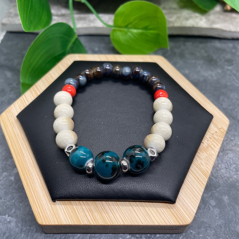 Handmade Ceramic Bead Beaded Stackable 6” Plus Stretch Bracelet New B399
