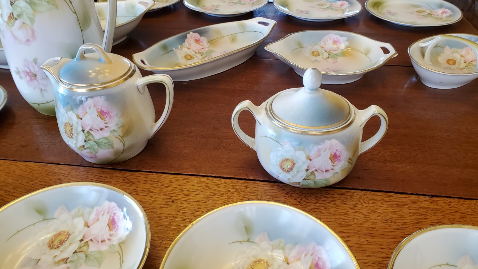 Antique Chocolate Set, Germany, Hand Painted W/Roses, Massive 34 Piece Set!