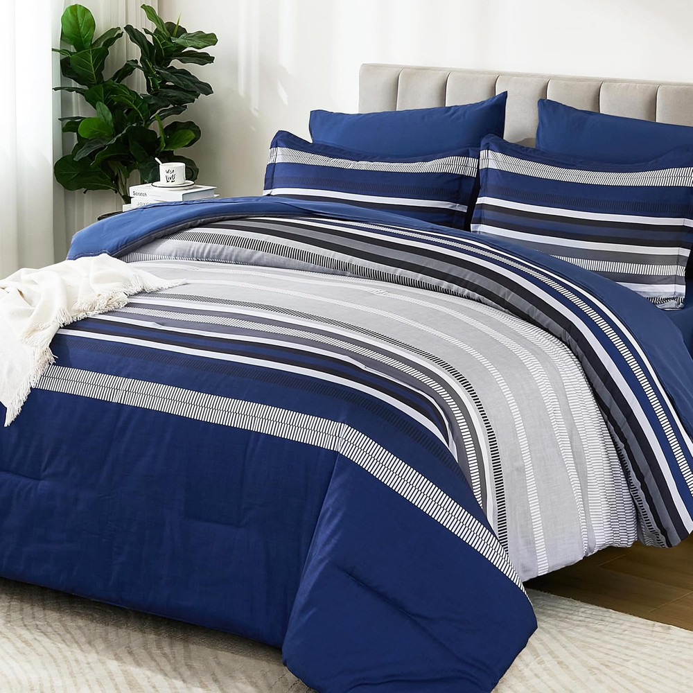 Navy Blue Queen Comforter Set 7 Pieces, Boho Striped Bed in a Bag Queen Size Sof