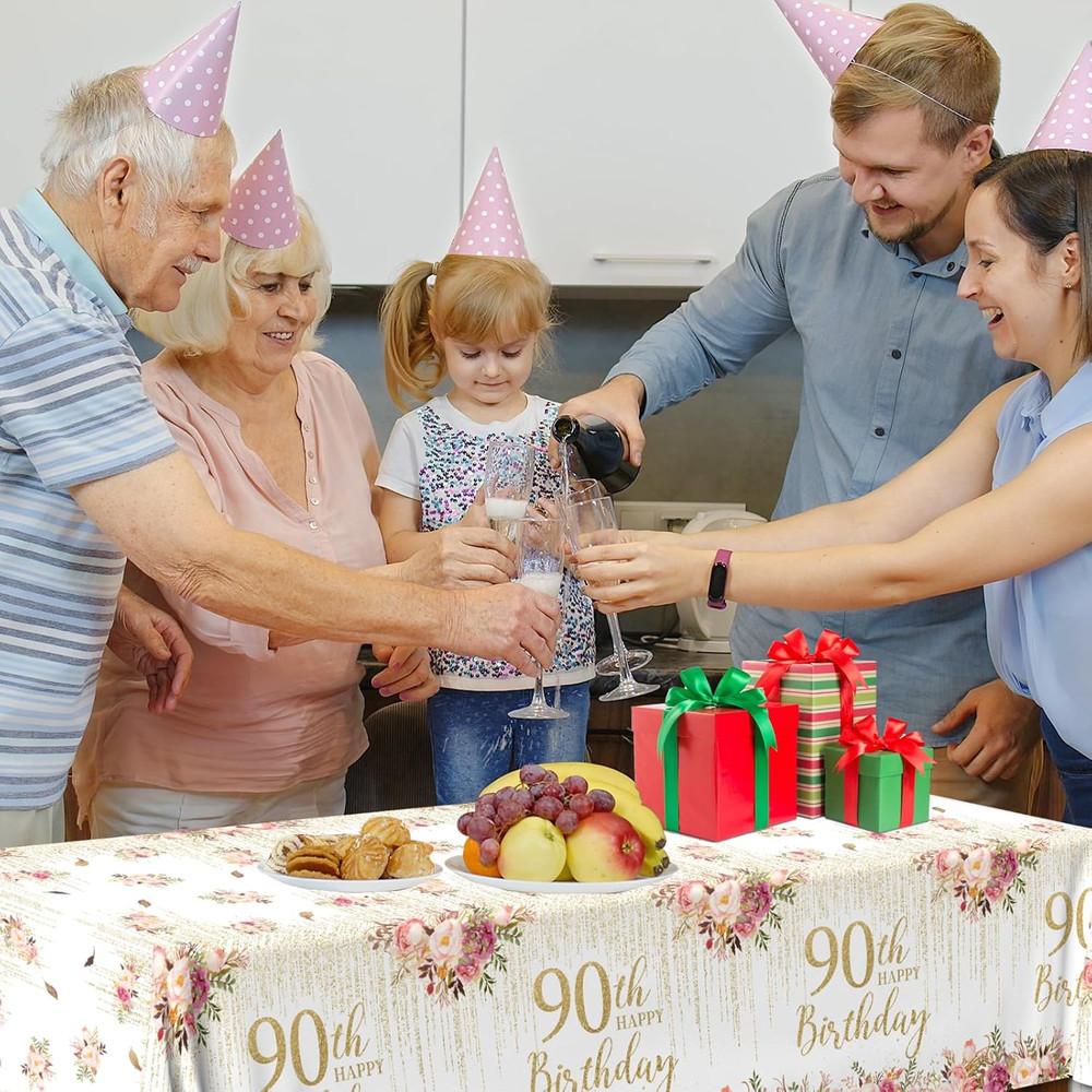 3Pcs 90Th Birthday Tablecloth,Rose Gold 90Th Birthday Tablecloth Rectangular ...
