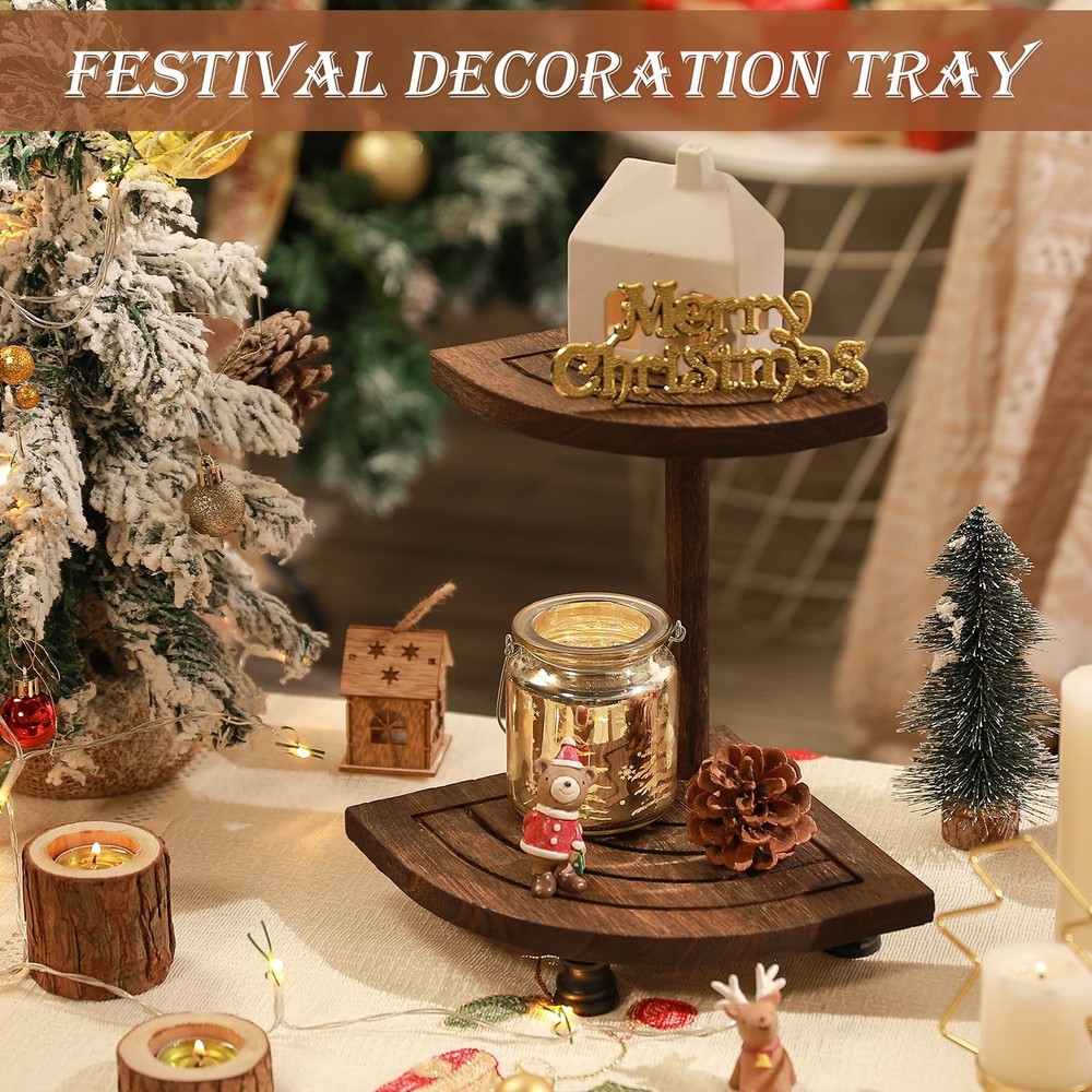 Decorative Wood Riser for Display, 2-Tier Rustic Corner Shelf for Kitchen Bat...