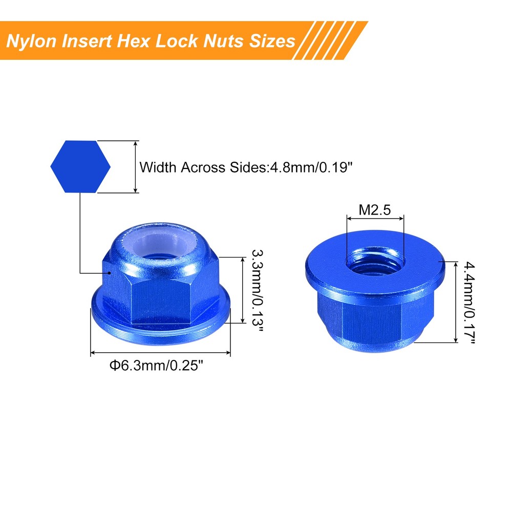 Nylon Insert Hex Lock Nuts, 20pcs - M2.5x0.45mm Self-Locking Nut(Sapphire Blue)