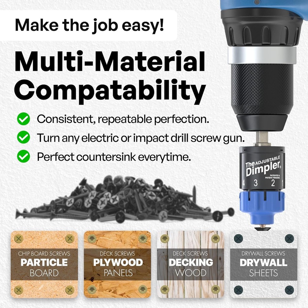 Adjustable DIMPLER ® - Drywall Bit & Screw Gun Attachment, Converts Drill into