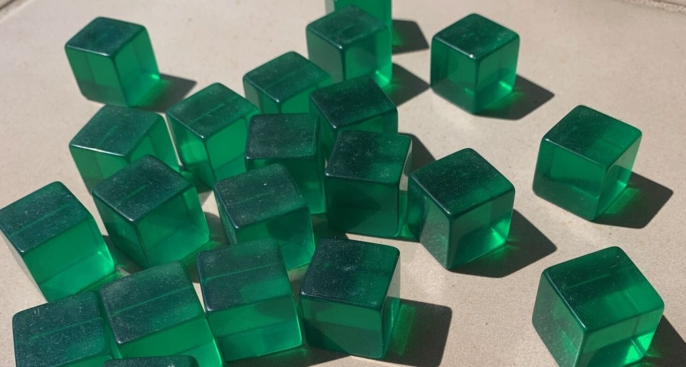 48 Old Bakelite or Lucite Green Translucent Cube Dice 3/4" diameter.